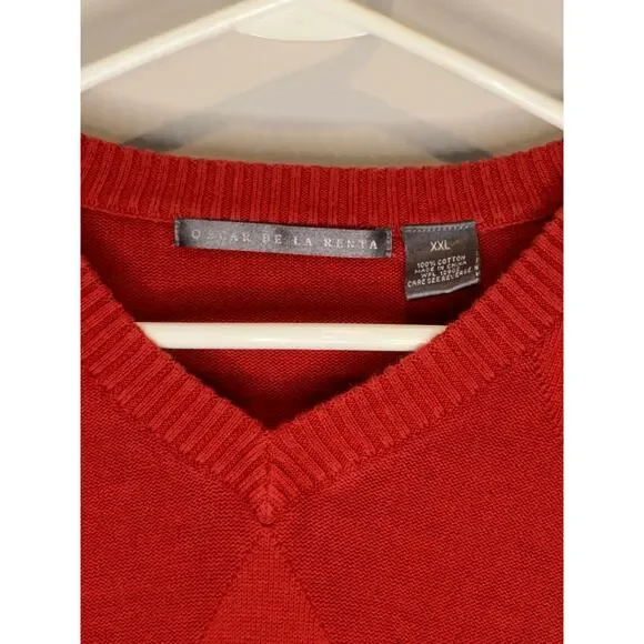 Oscar de la Renta Red Argyle Sweater Cotton V Neck Preppy Classic XXL - Picture 3 of 7